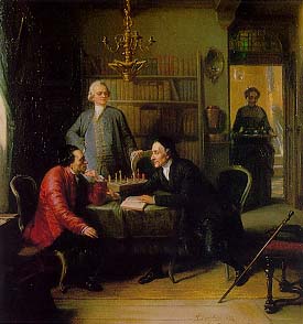 מוריץ דניאל אופנהיים (1800 - 1882), 'לאוואטר ולסינג מבקרים אצל משה מנדלסון'.